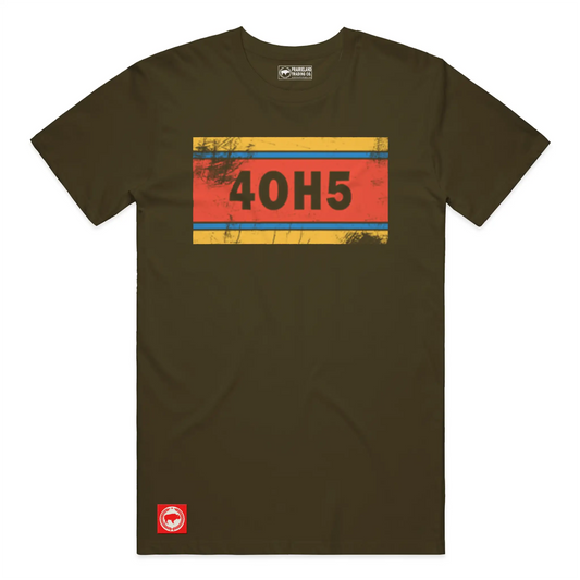 "4OH5" Oklahoma City T-Shirt – Vintage Distressed Tee in Vibrant Sunset, Yellow & Thunder Blue Stripes