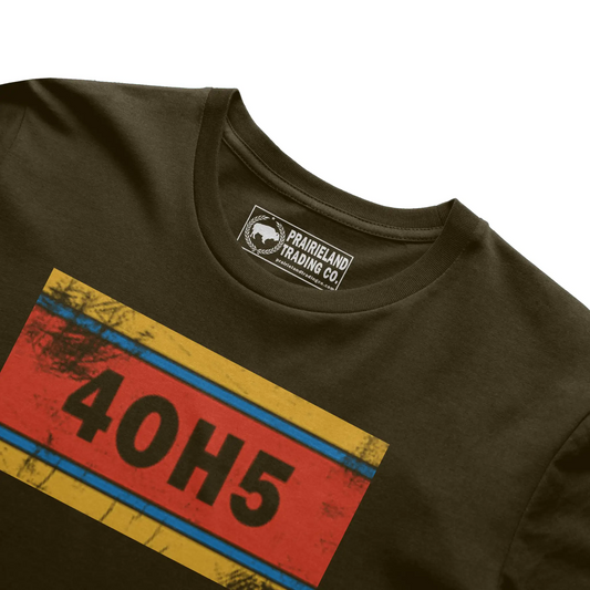 "4OH5" Oklahoma City T-Shirt – Vintage Distressed Tee in Vibrant Sunset, Yellow & Thunder Blue Stripes